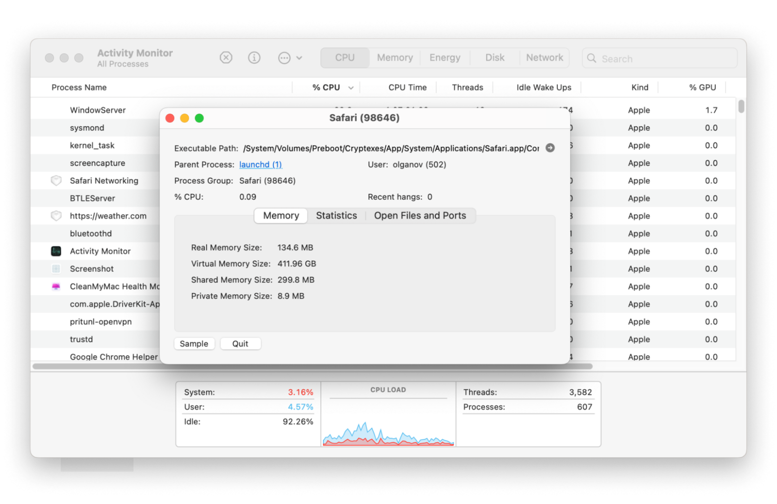 activity monitor safari sample