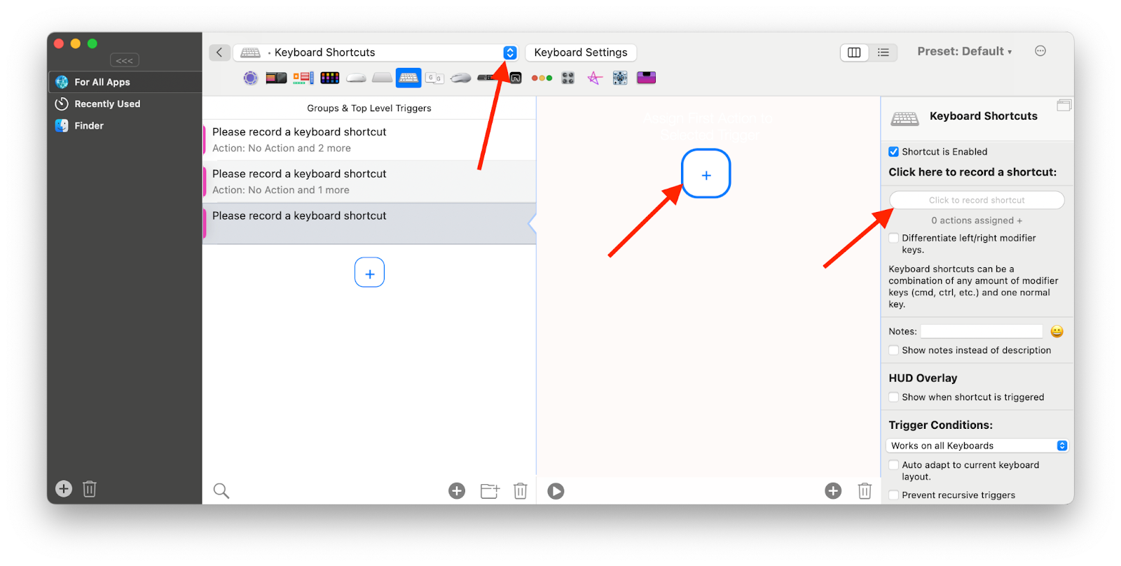 add keyboard shortcuts with bettertouchtool