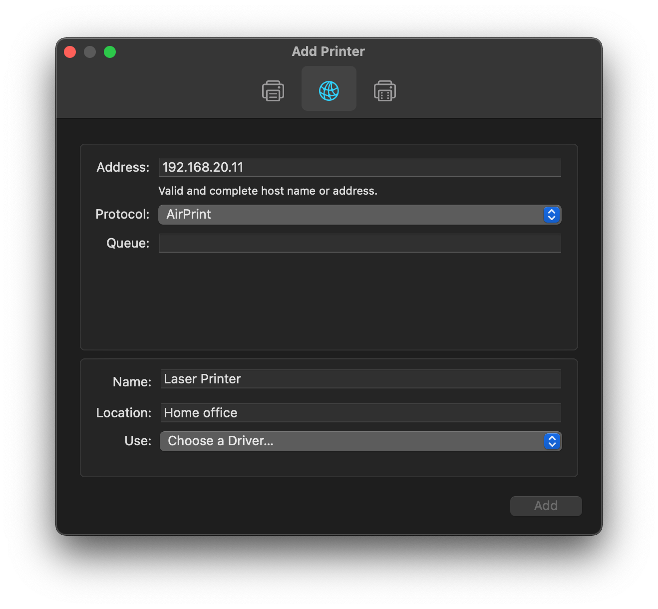 Add a printer to Mac via IP address