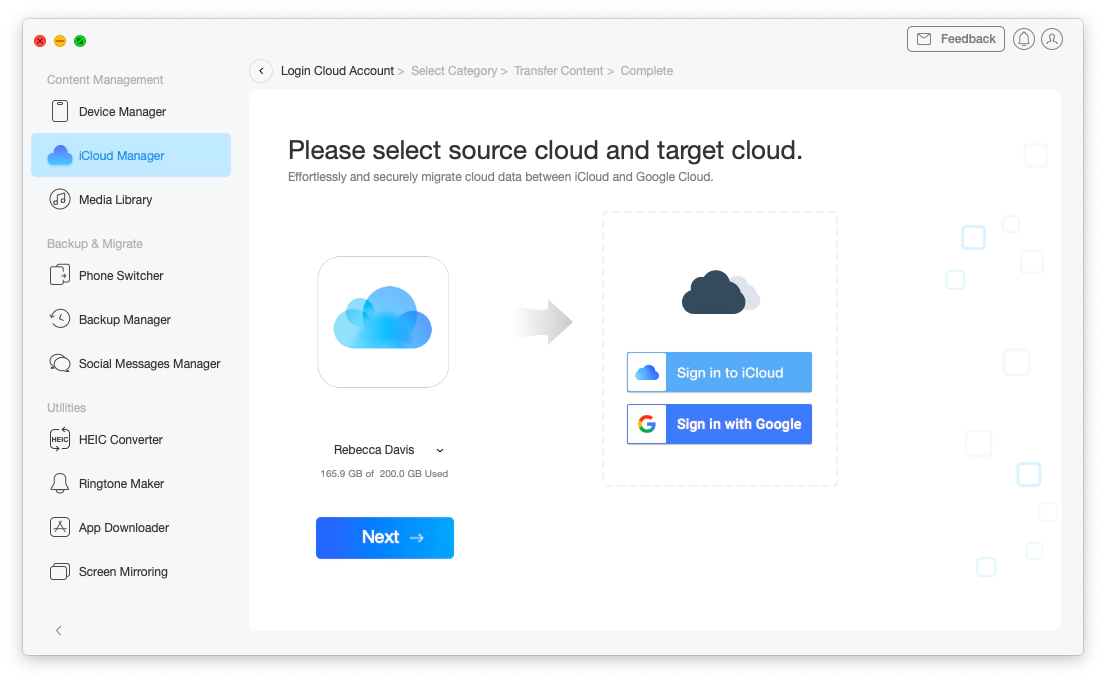 select source cloud and target cloud to transfer data