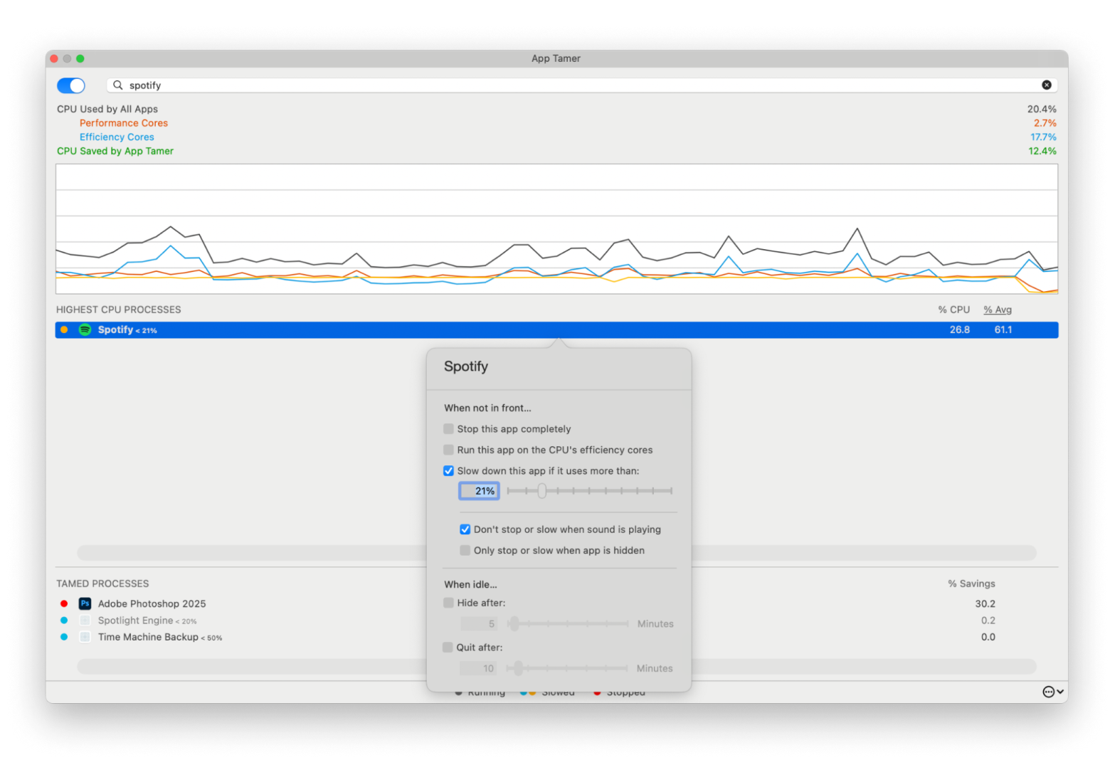 app tamer to control cpu usage of an app