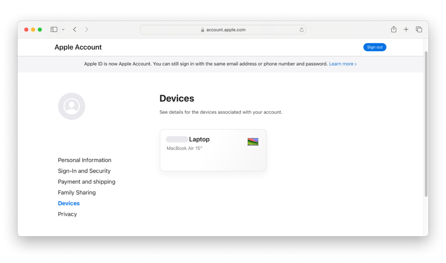 apple id account page devices