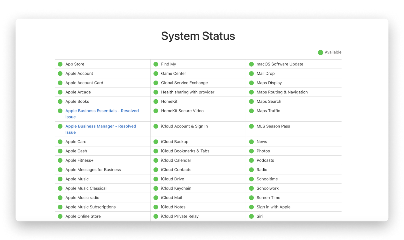 Apple System Status page