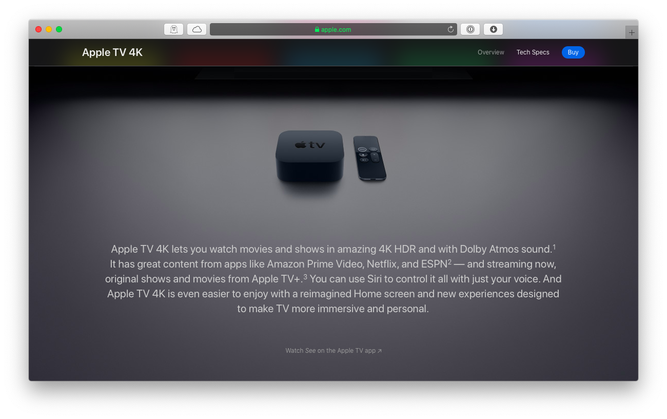 Apple TV 4K about page on apple.com