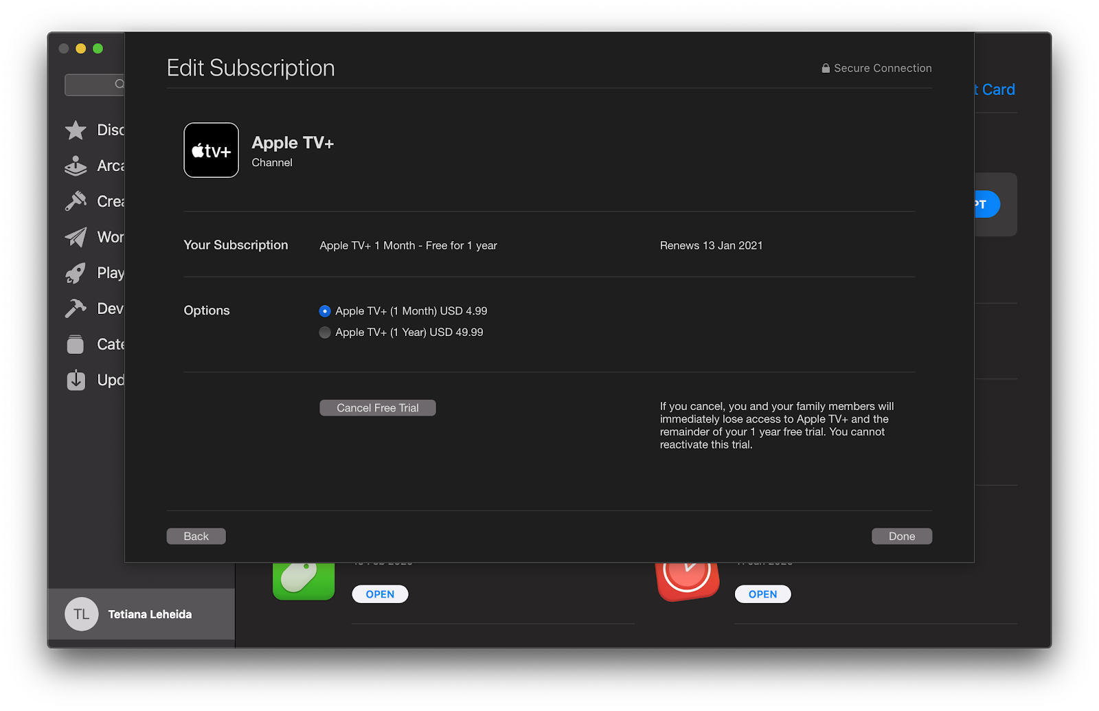 Apple TV+ subscription status