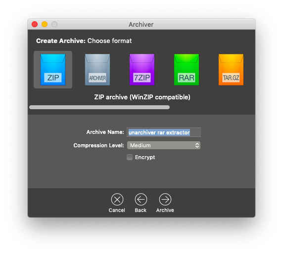 Archiver crear rar zip