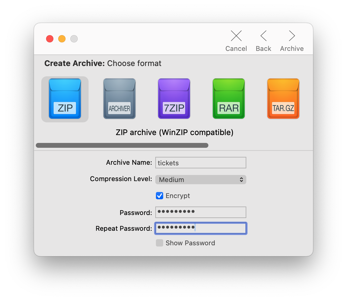 archiver setting password on zip file