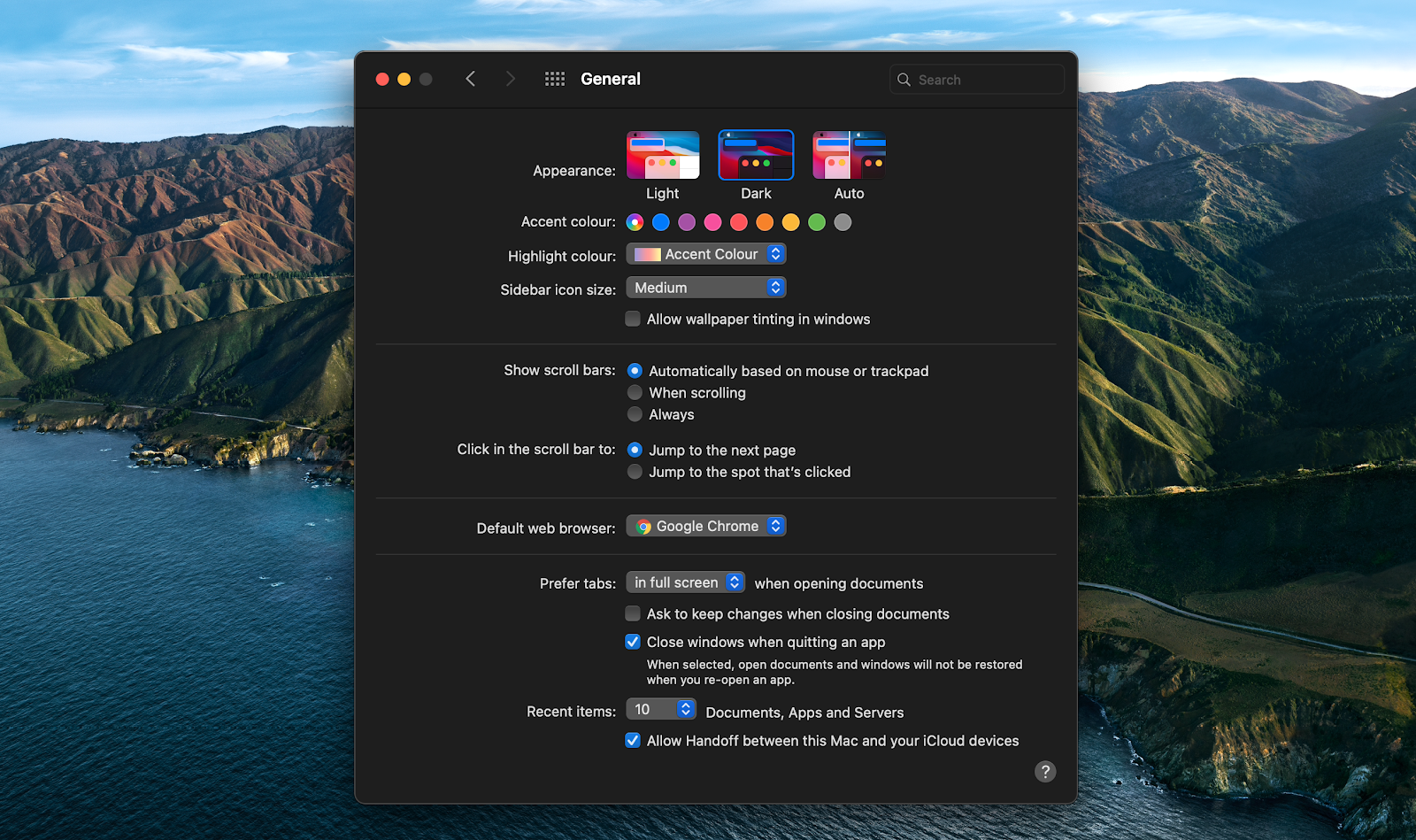 Big Sur Dark Mode preferences