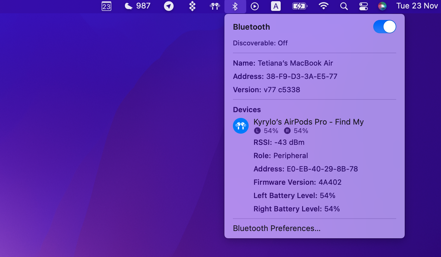 Bluetooth preferences in menu bar