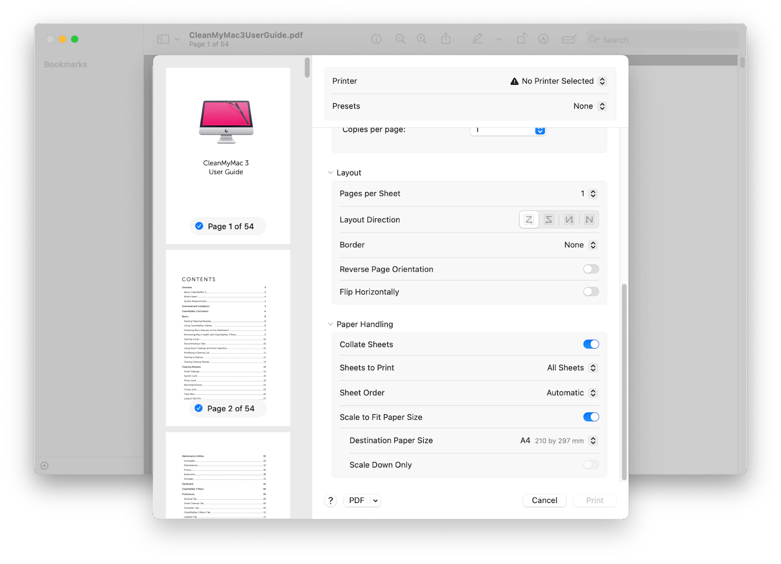 select the page orientation, scale, page size