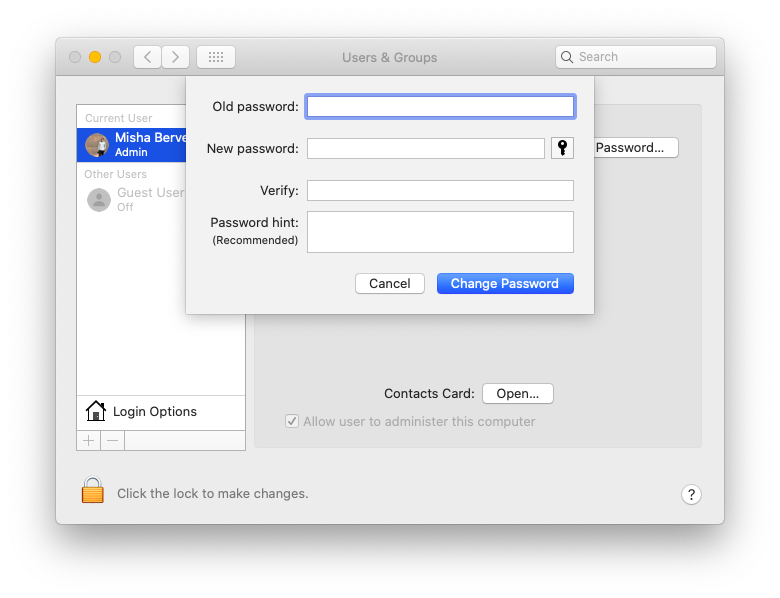 change password Mac user admin