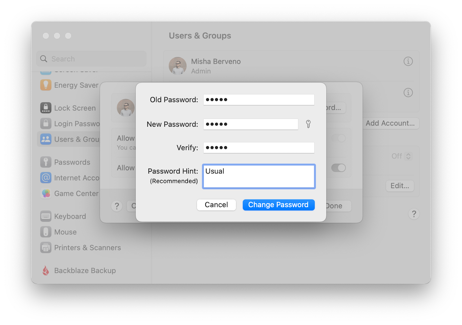 change user password mac