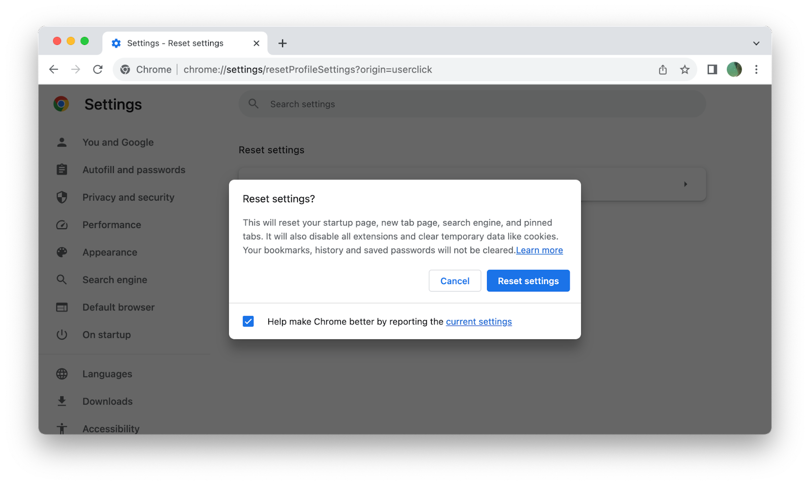 chrome reset settings mac