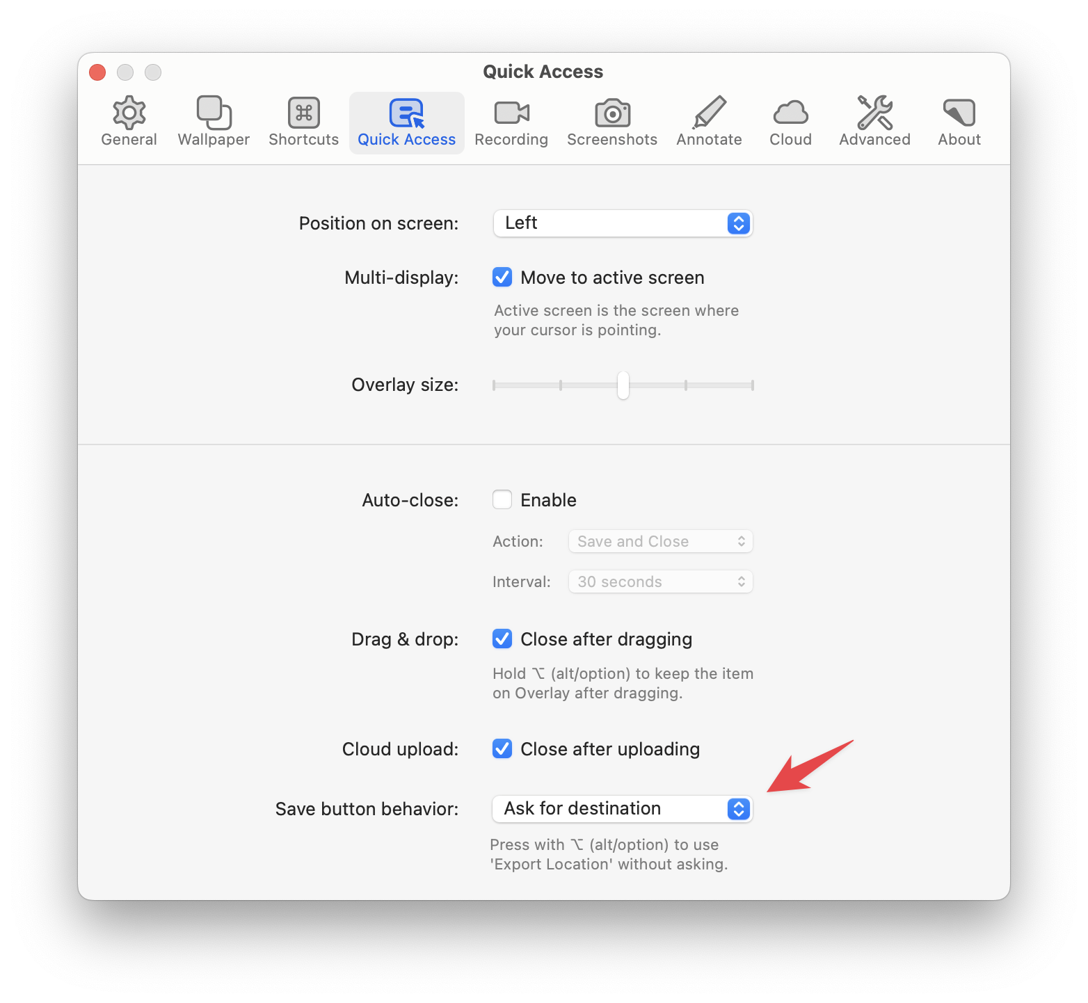 cleanshot change screenshot save location mac