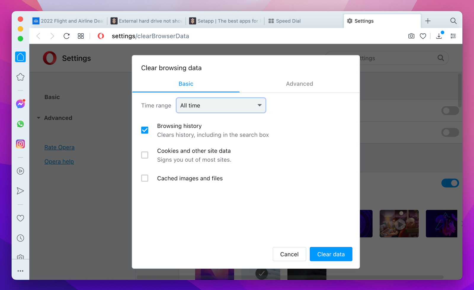 clear browsing data opera