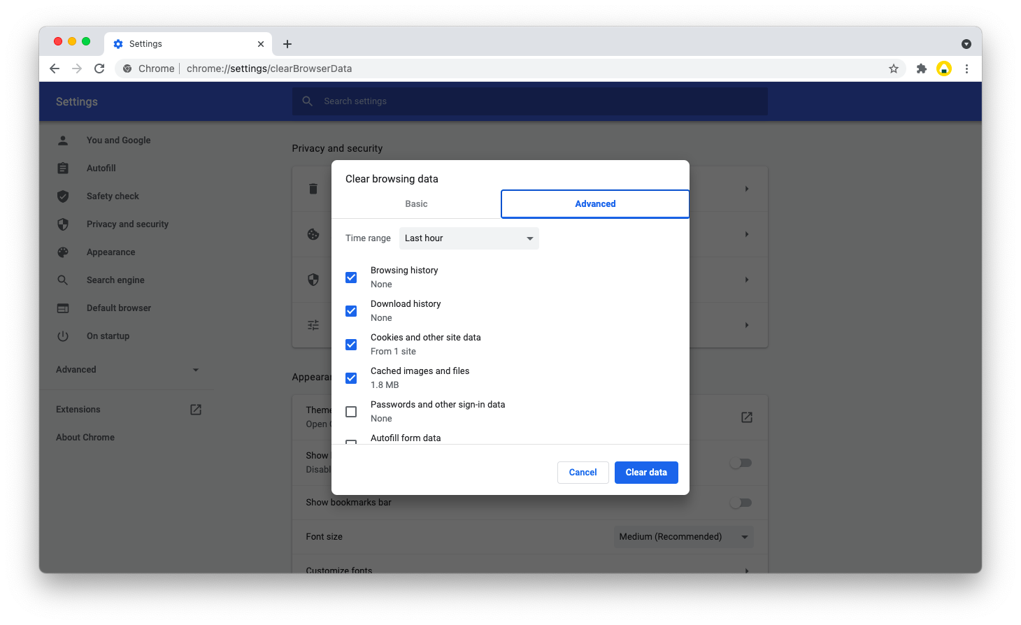 Clear browser cache data