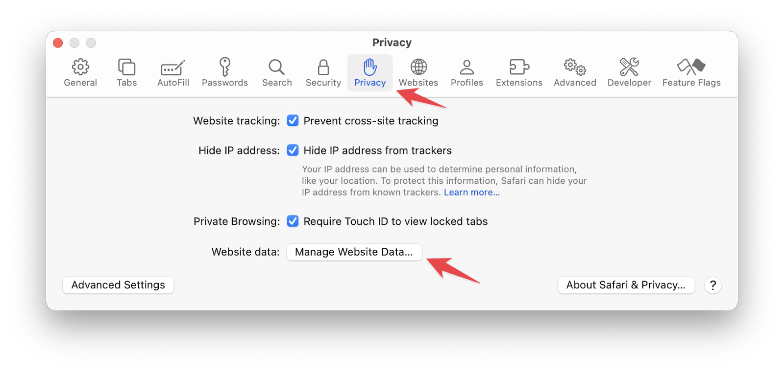 Manage Website Data (cookies and caches) in Safari