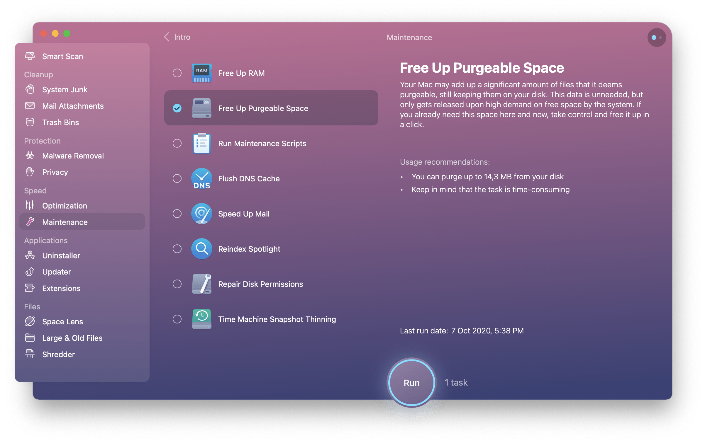 cleanMyMac purgeable space