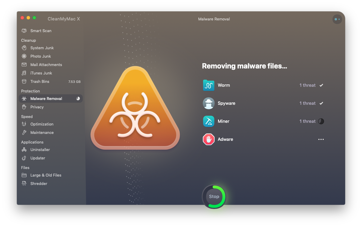 Nettoyage de logiciels malveillants de CleanMyMac X en cours