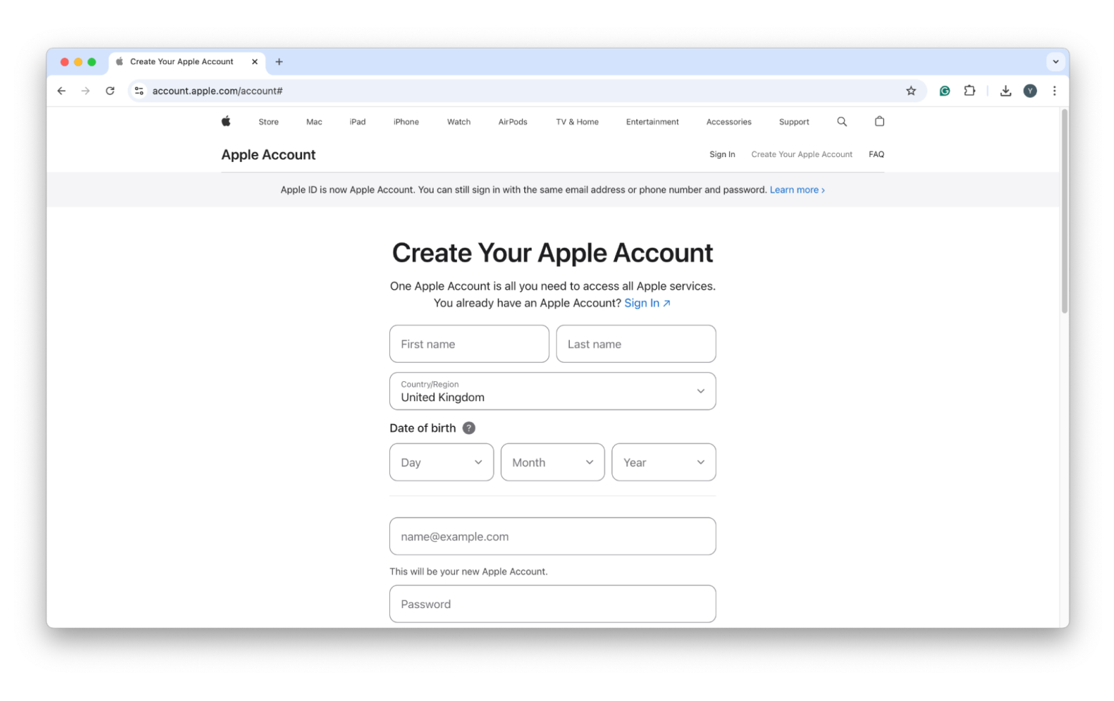 create your apple account online