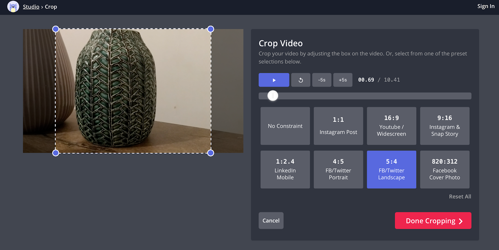 Kapwing online video crop tool