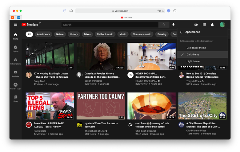 turn on dark theme in YouTube