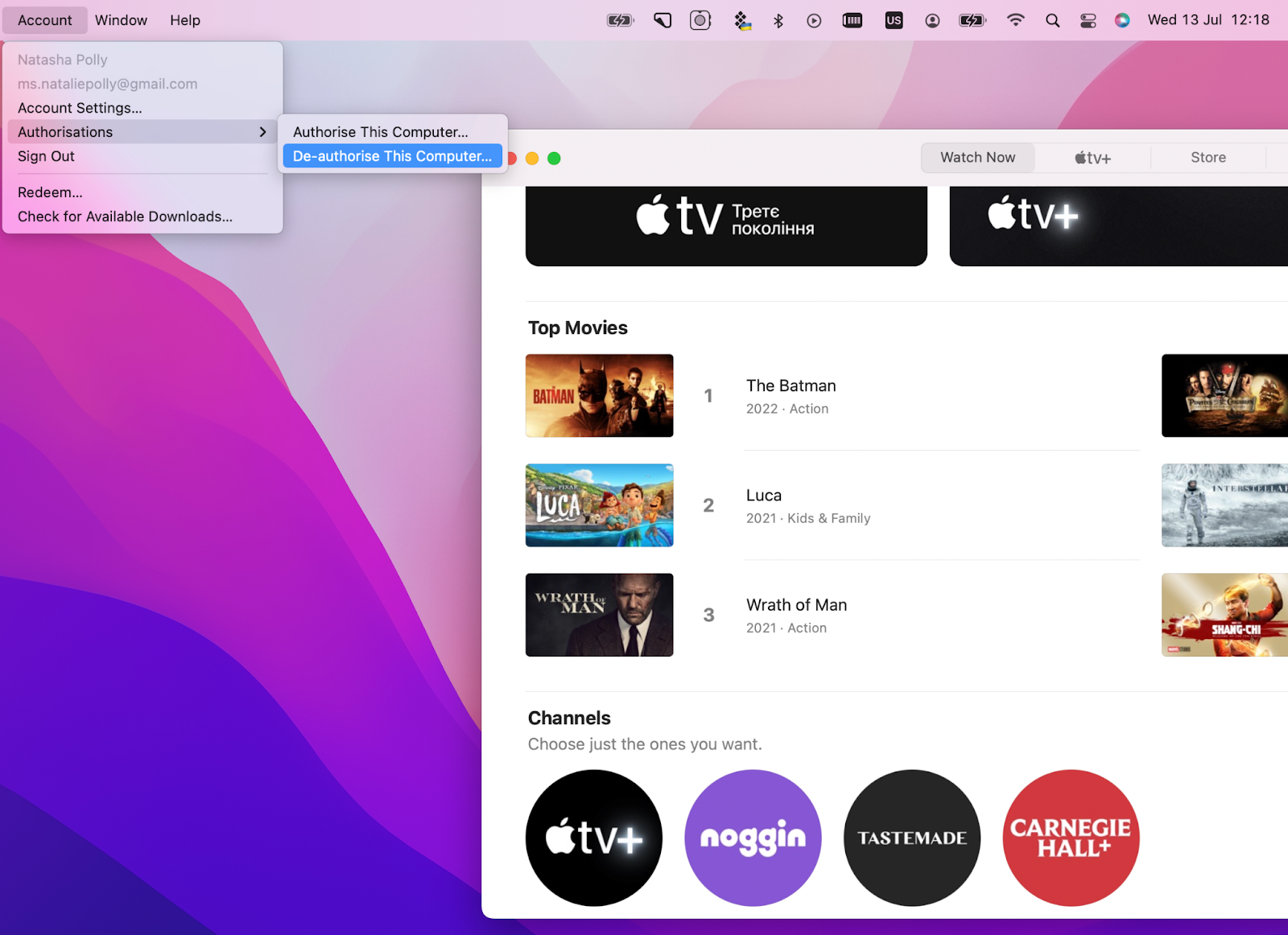 deauthorize Apple TV, Music, or Podcasts