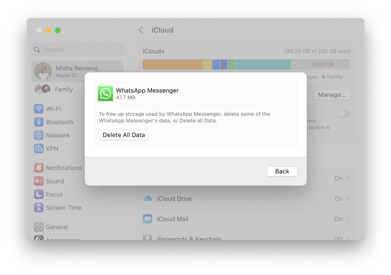 delete data icloud apps mac