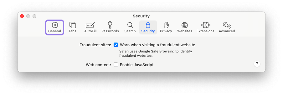 Security settings on Safari