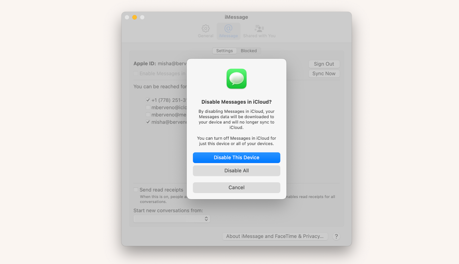 disable messages icloud mac