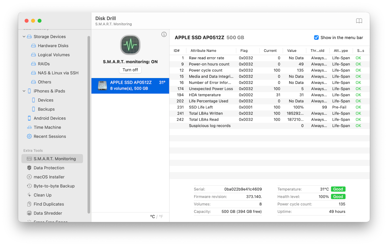 Disk Drill SMART monitoring