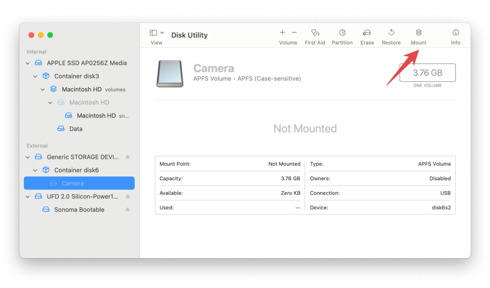 mount external drive with Disk Utility