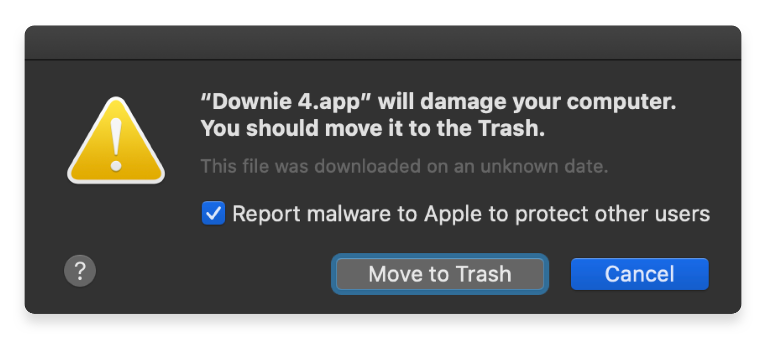 Downie flagged as malware macOS