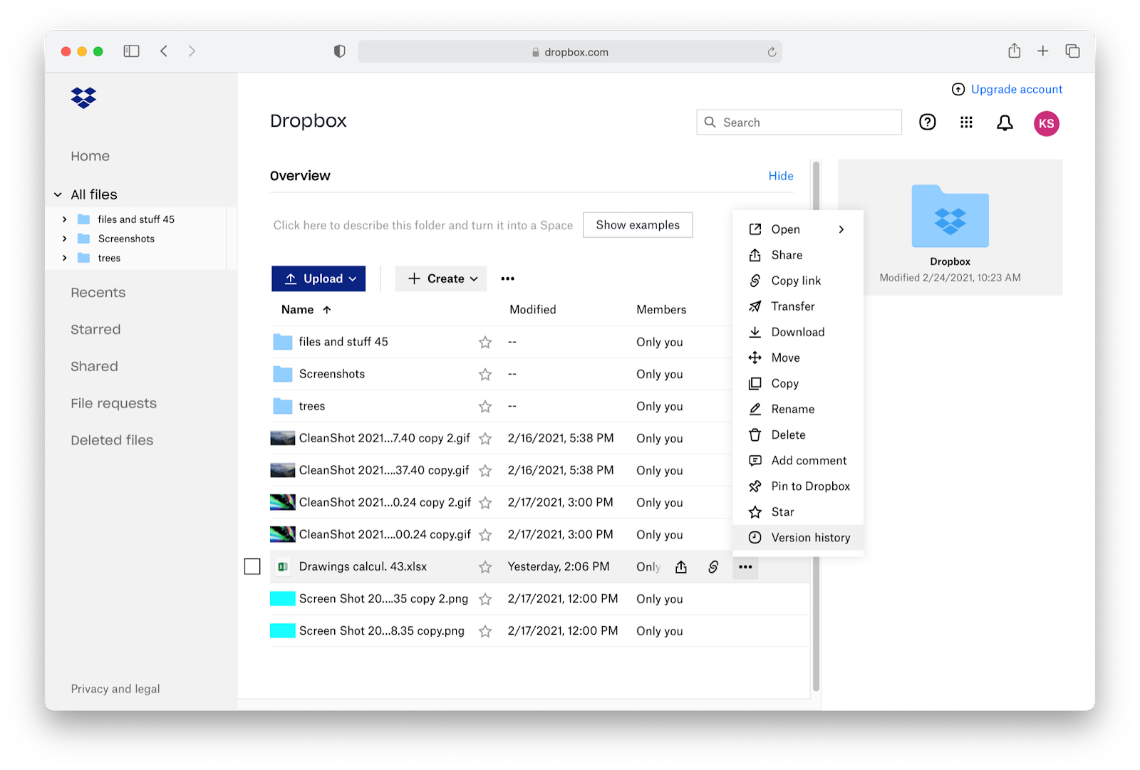 dropbox version history