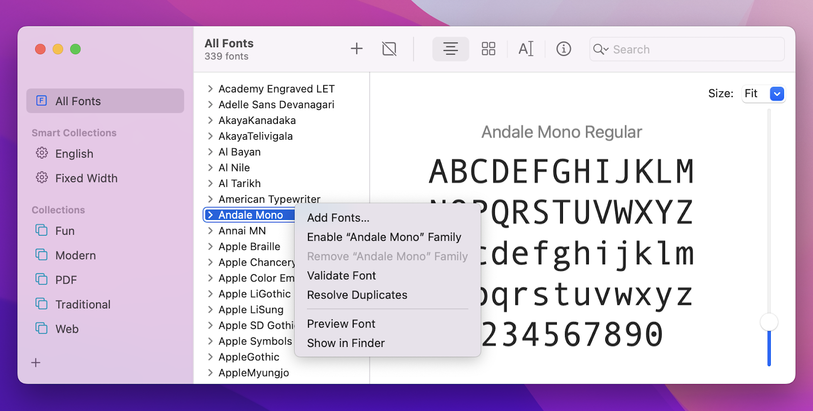enable fonts in font book mac