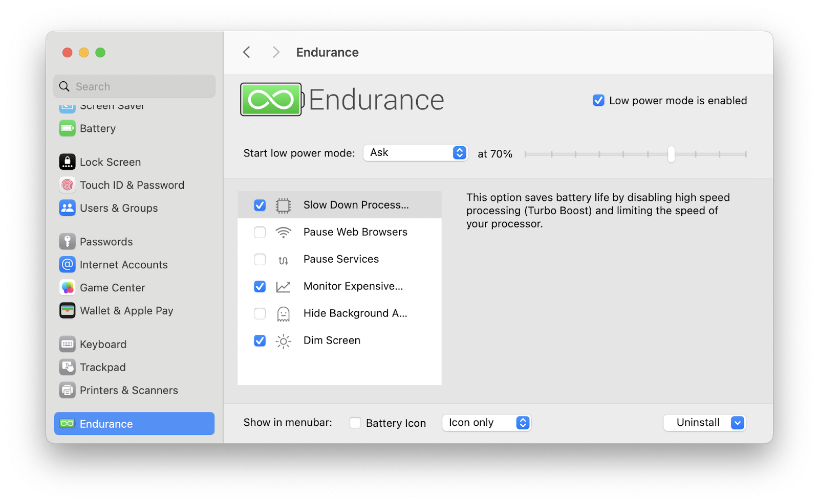 endurance baterry settings