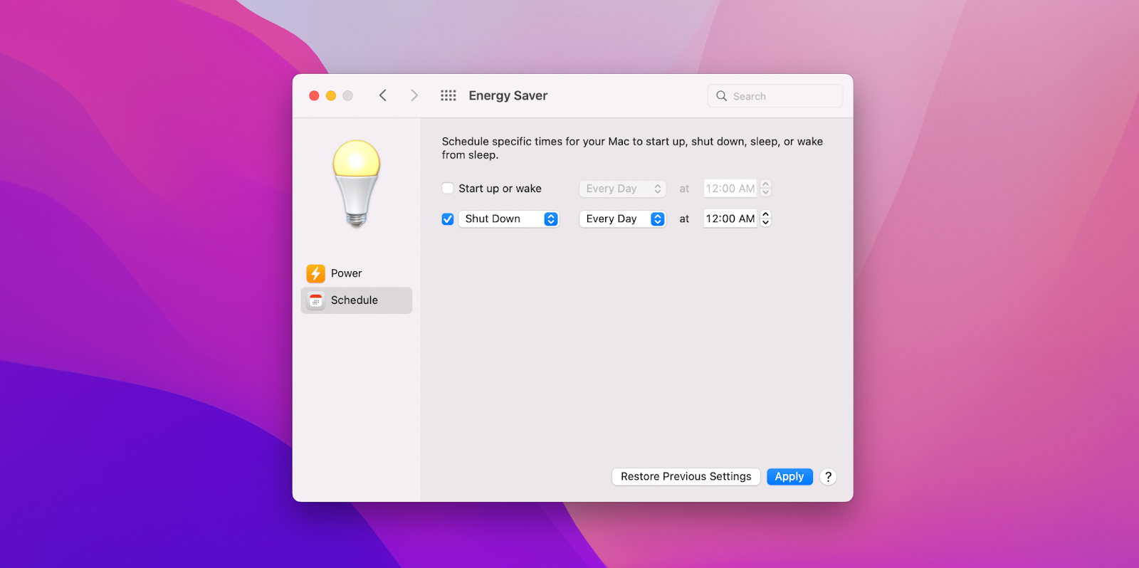 shut down automatically with Energy Saver settings