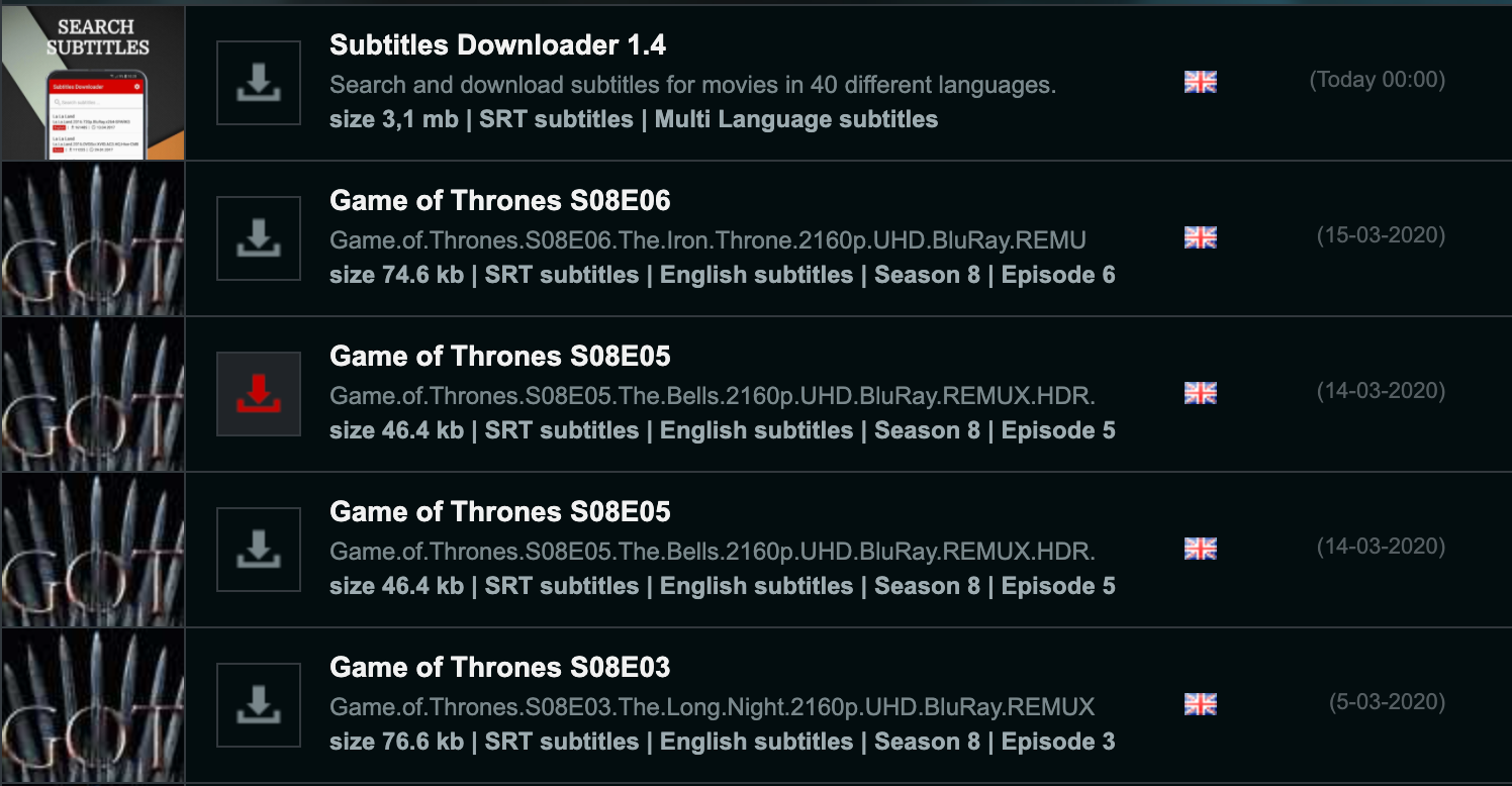 default subtitles for game of thrones season 1