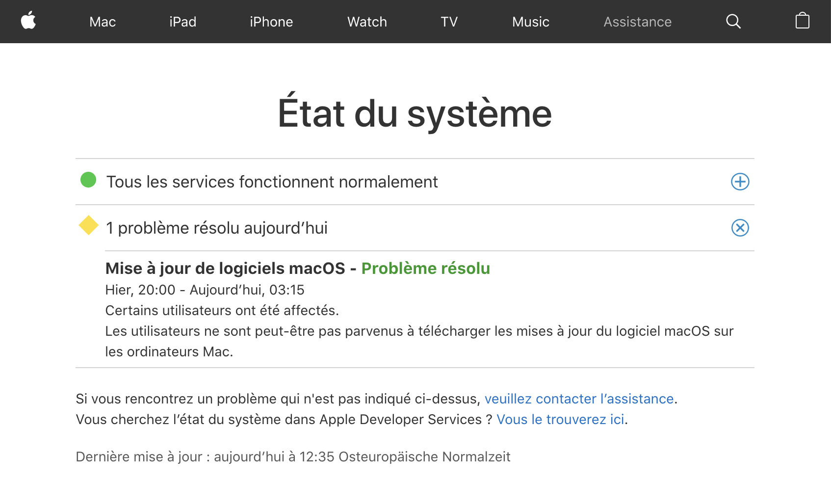 Page d’état des systèmes d'Apple