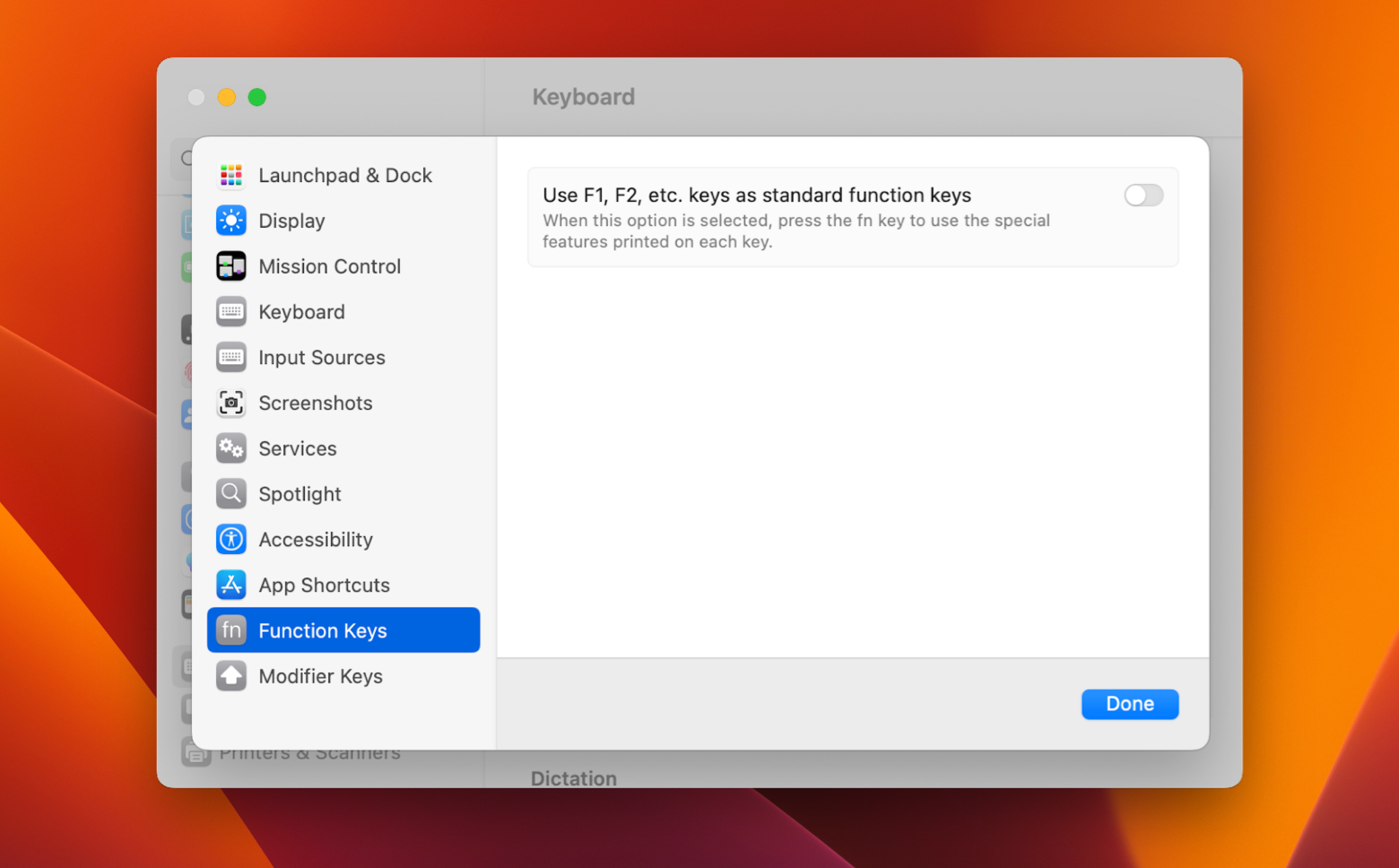 Use F1, F2, etc. keys as standard function keys