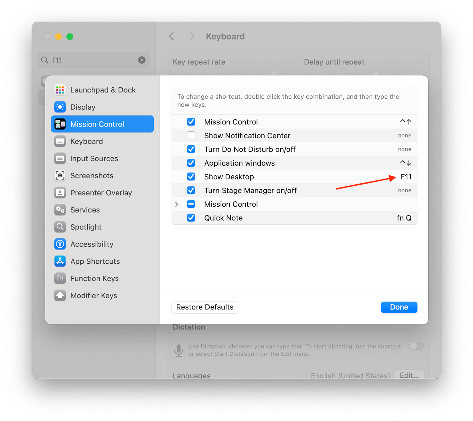 customize a keyboard shortcut to show Mac desktop