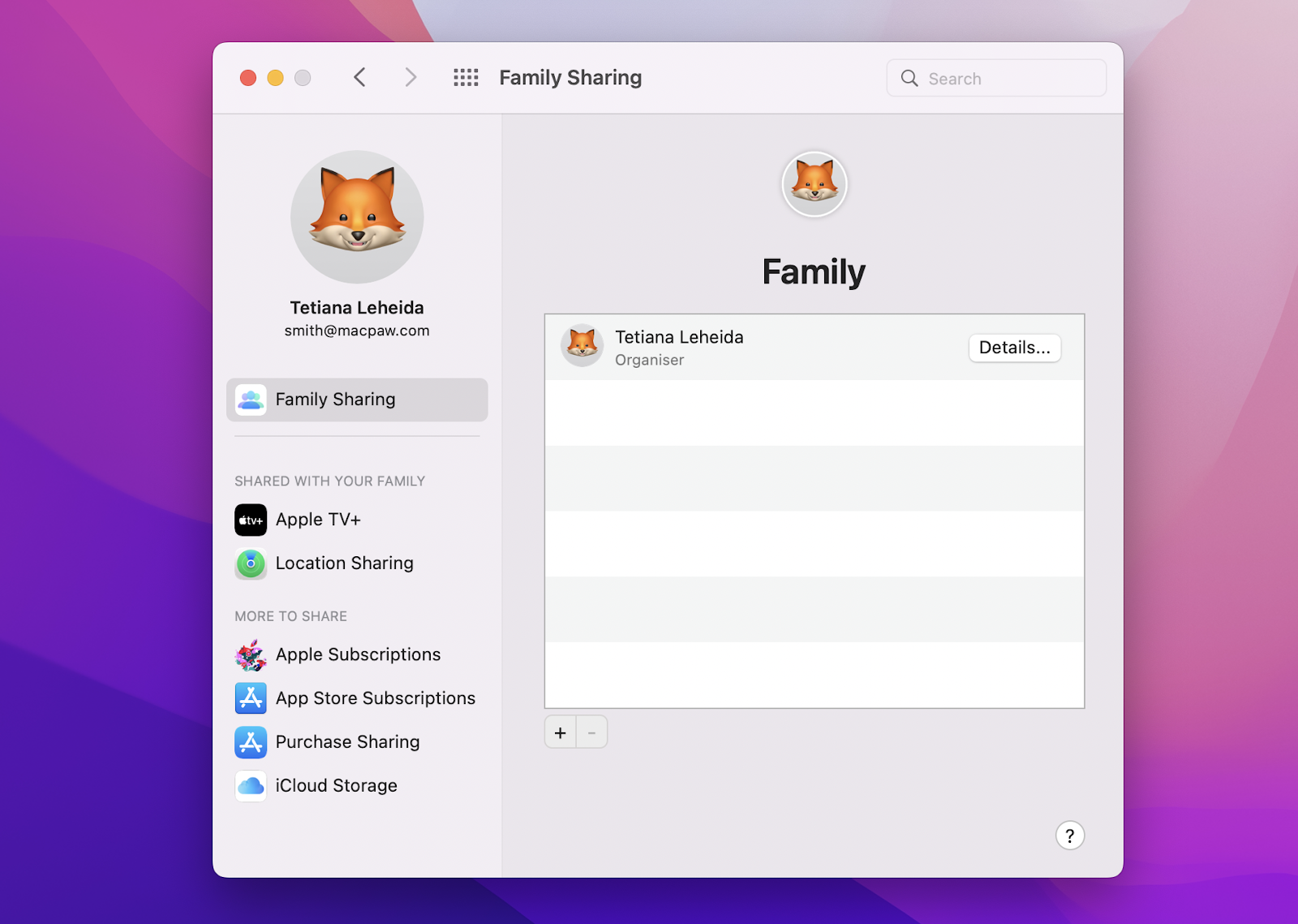 Family Sharing settings on Mac