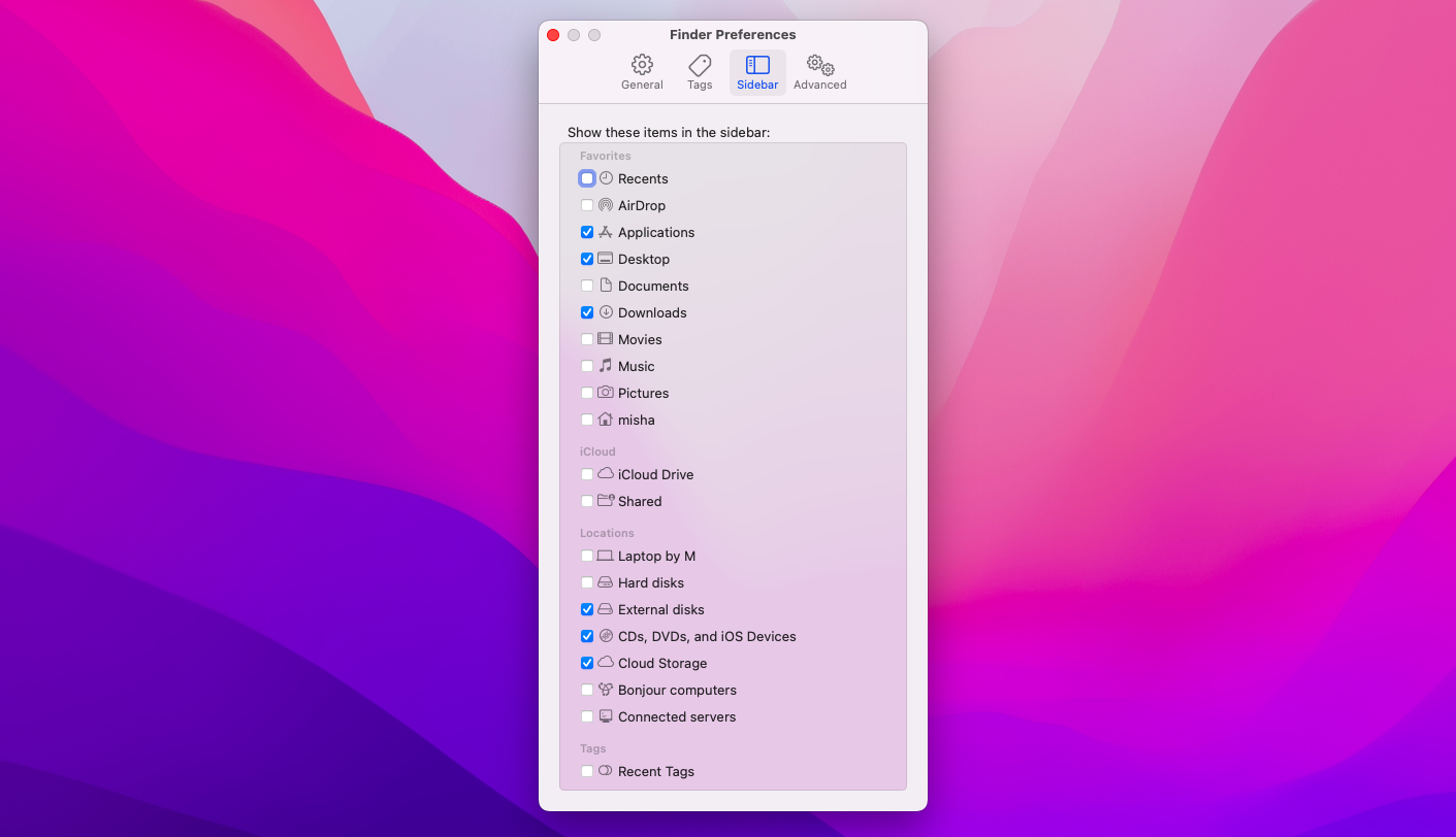 Finder Preferences sidebar