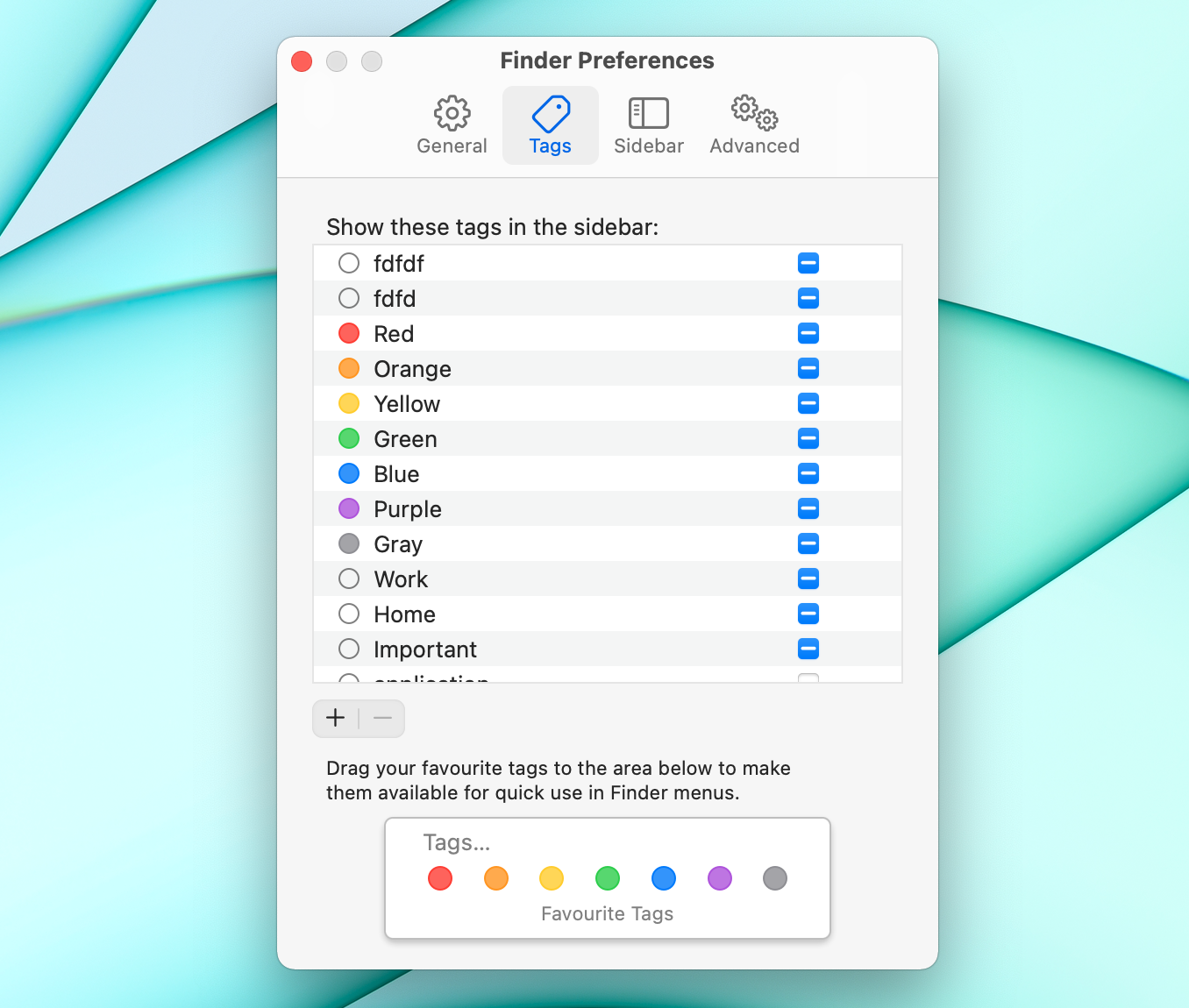 Drag your favourite tags to the area below to make them available for quick use in Finder menus