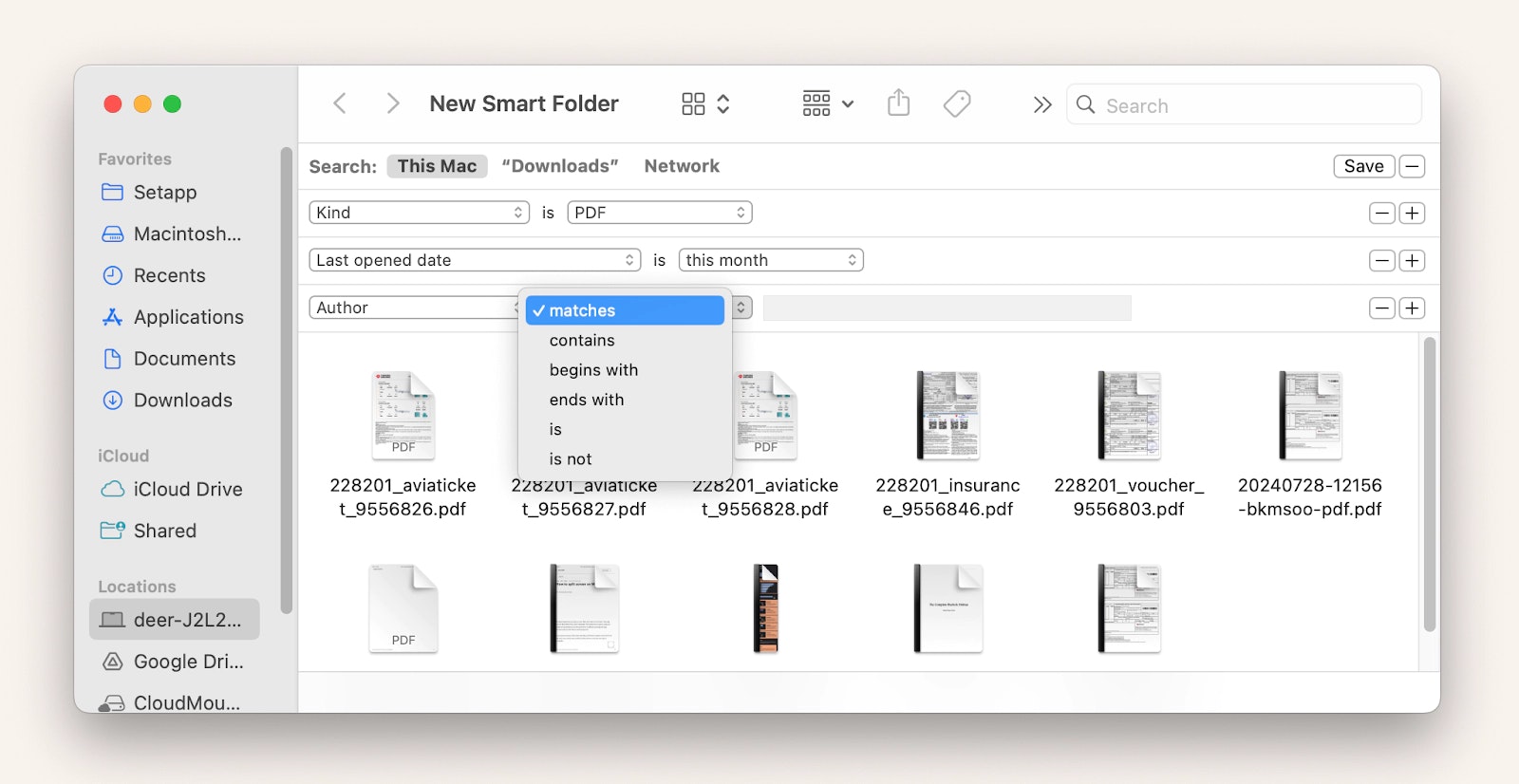 find PDFs created by a certain author this month in a New Smart Folder