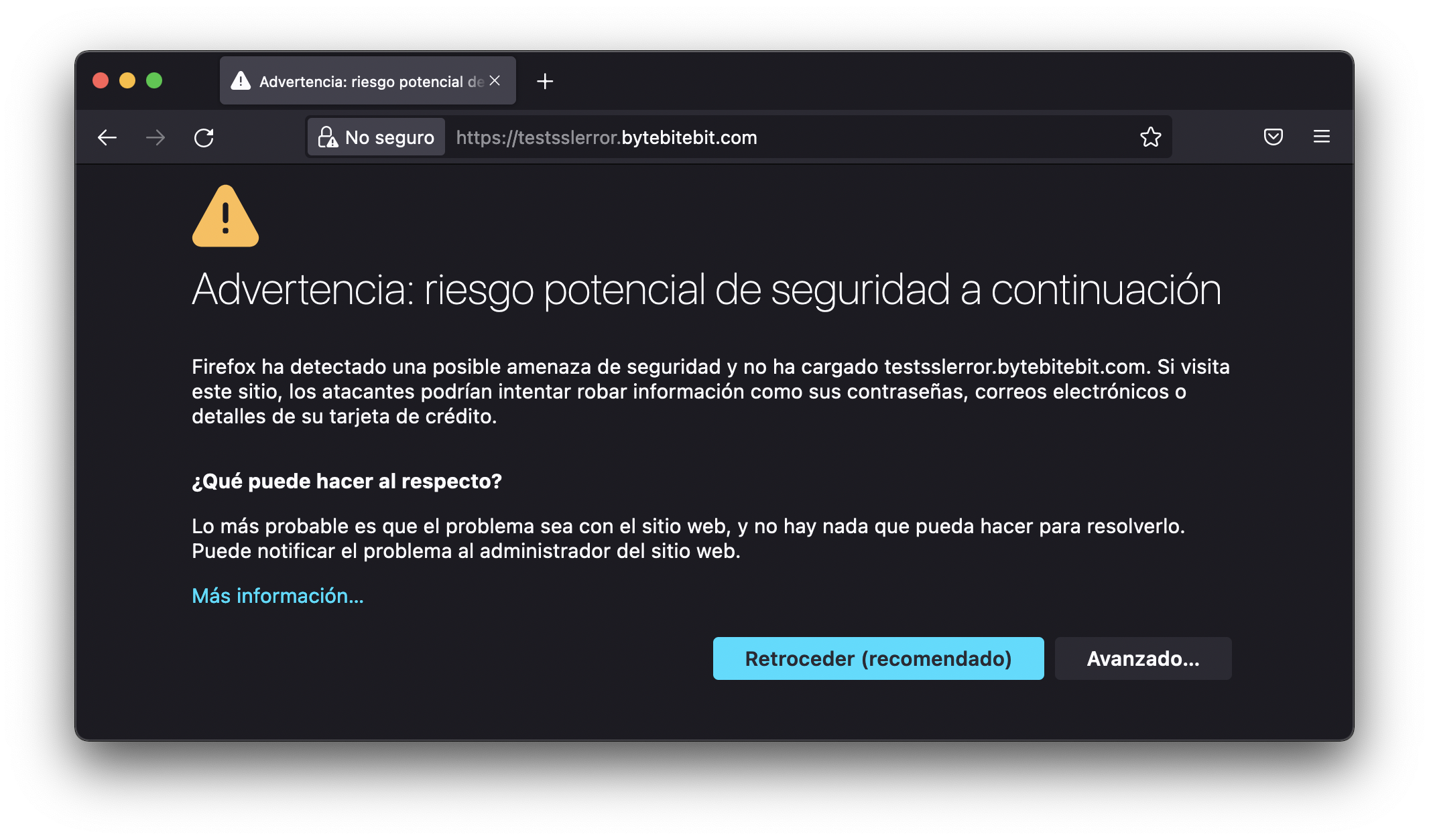 Advertencia: riesgo potencial de seguridad a continuación en Firefox