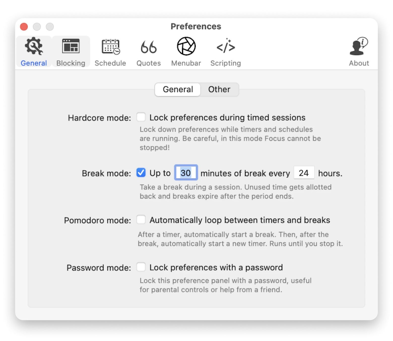 focus menubar app preferences