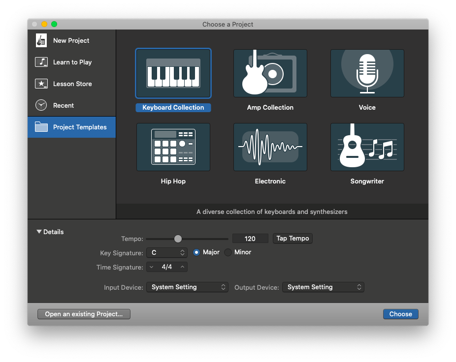 GarageBand choose project template Mac