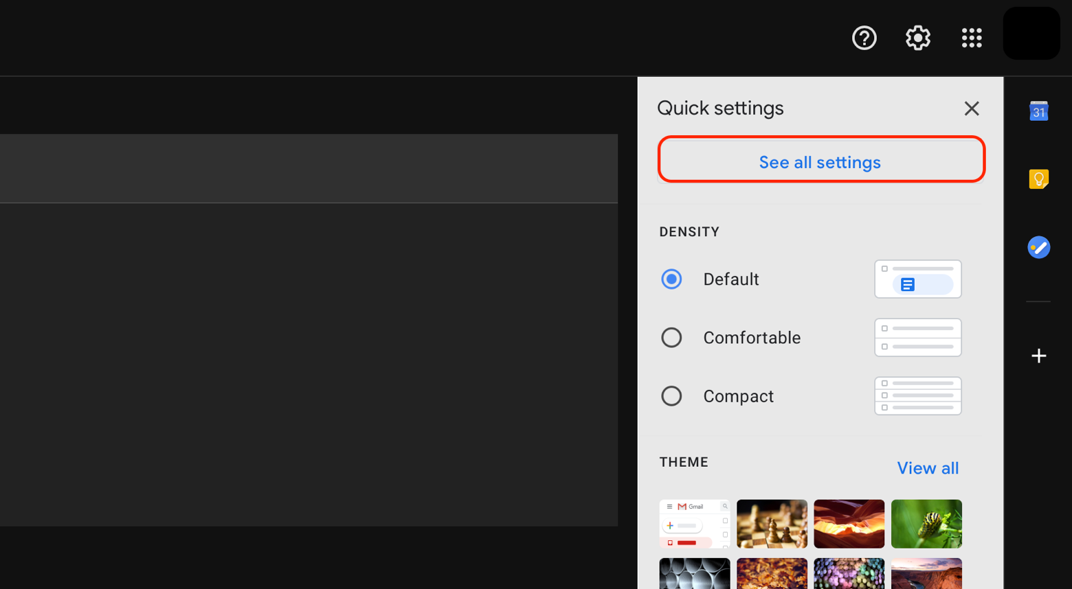 Gmail settings menu