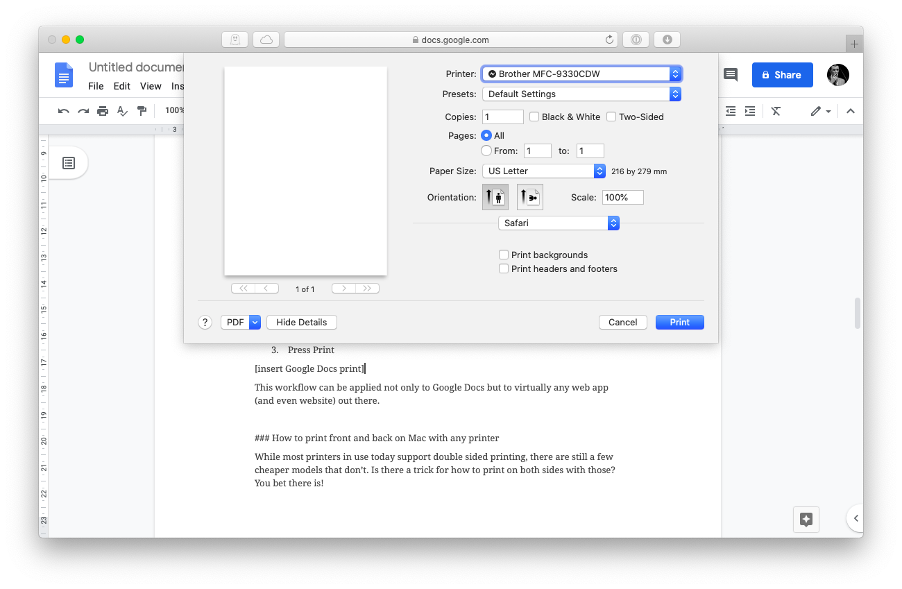 turn off two sided printing in word for mac